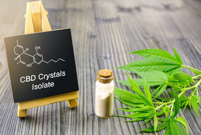 cbd crystals and a bottle of cbd oil