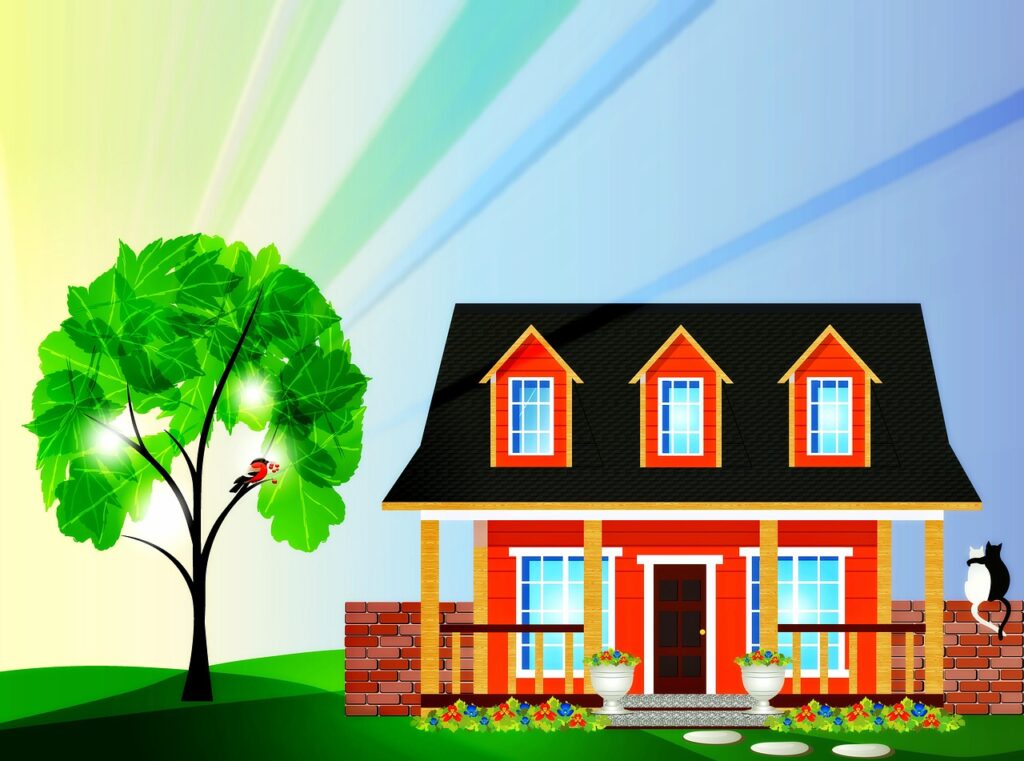 a house with a tree and a cat