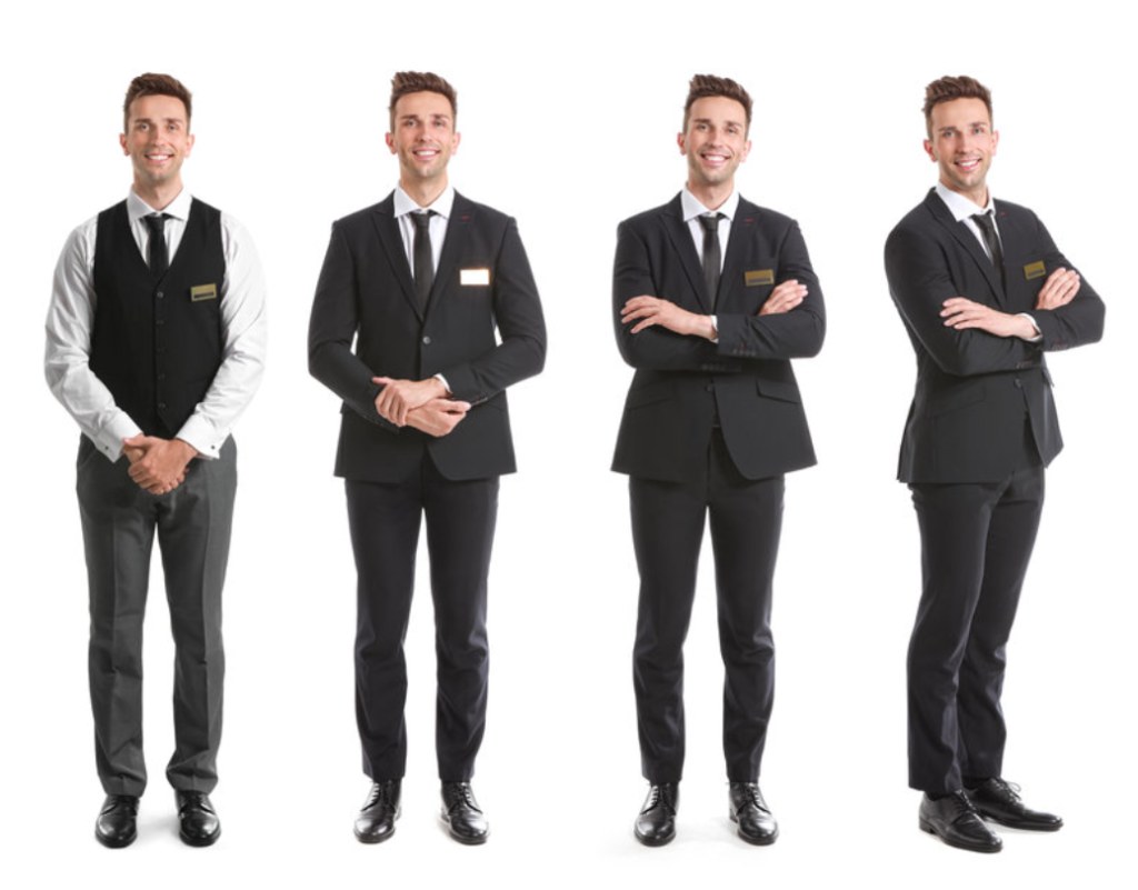 four different male waiters in suits