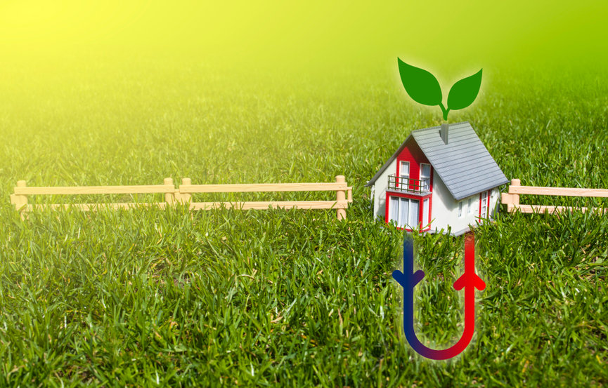 a house with a green leaf on it and a green arrow pointing to it