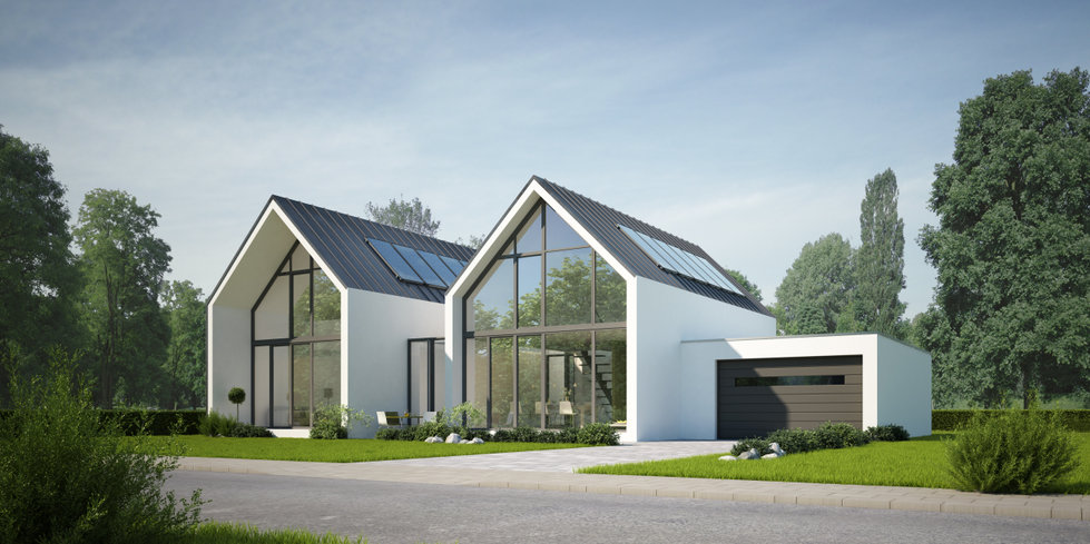 modern house with two large windows and a large garage