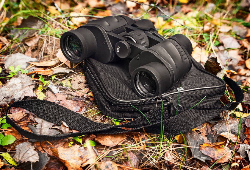 a pair of binoculars on a bag in the leaves