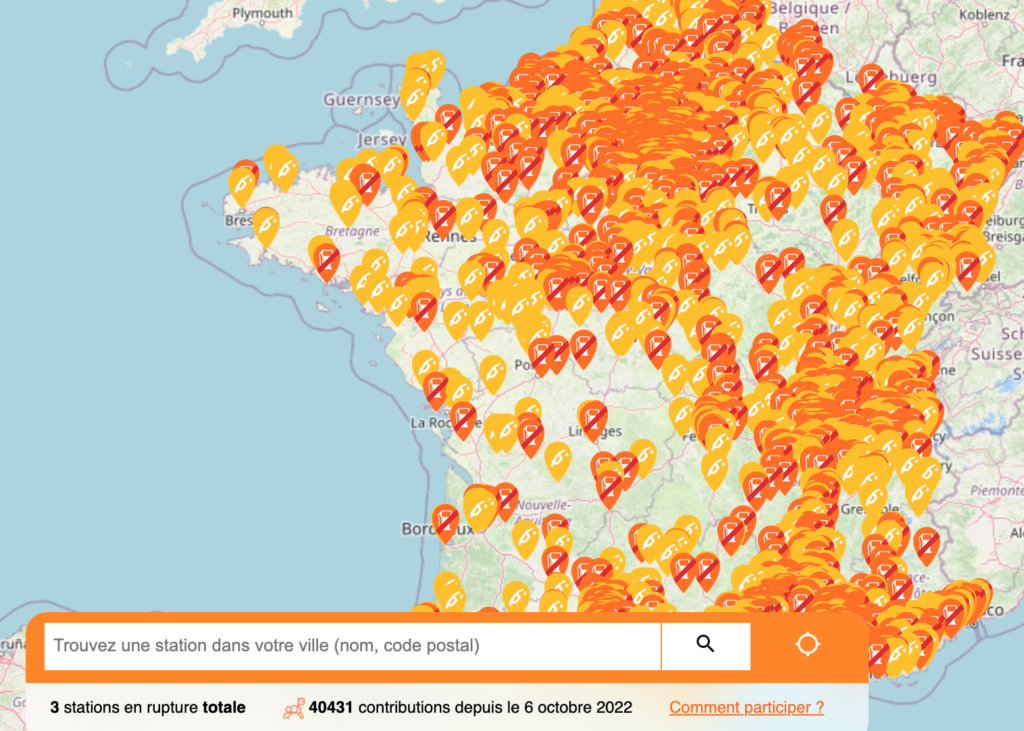 a map of france with orange dots showing where people are