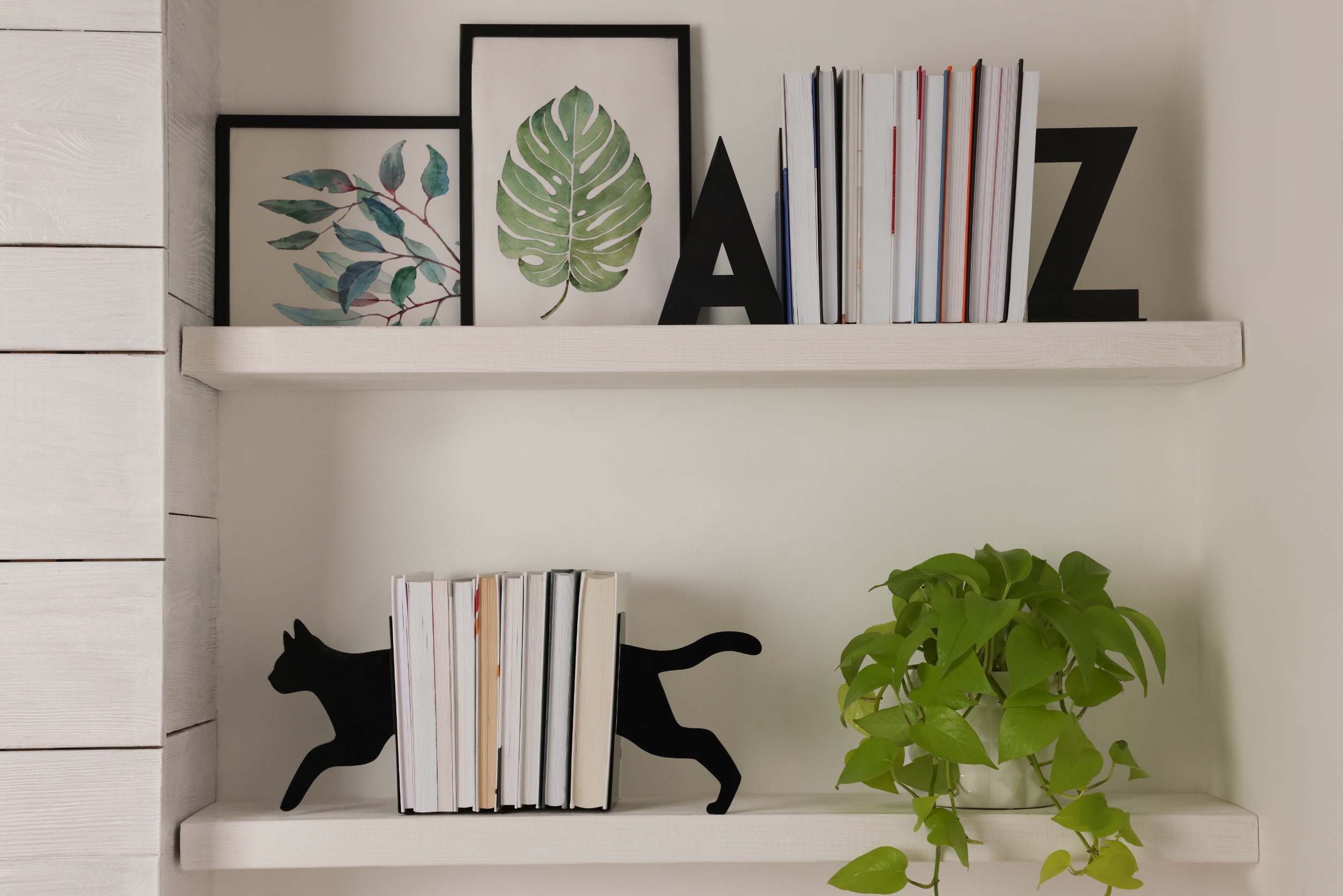 a shelf with books and plants on it