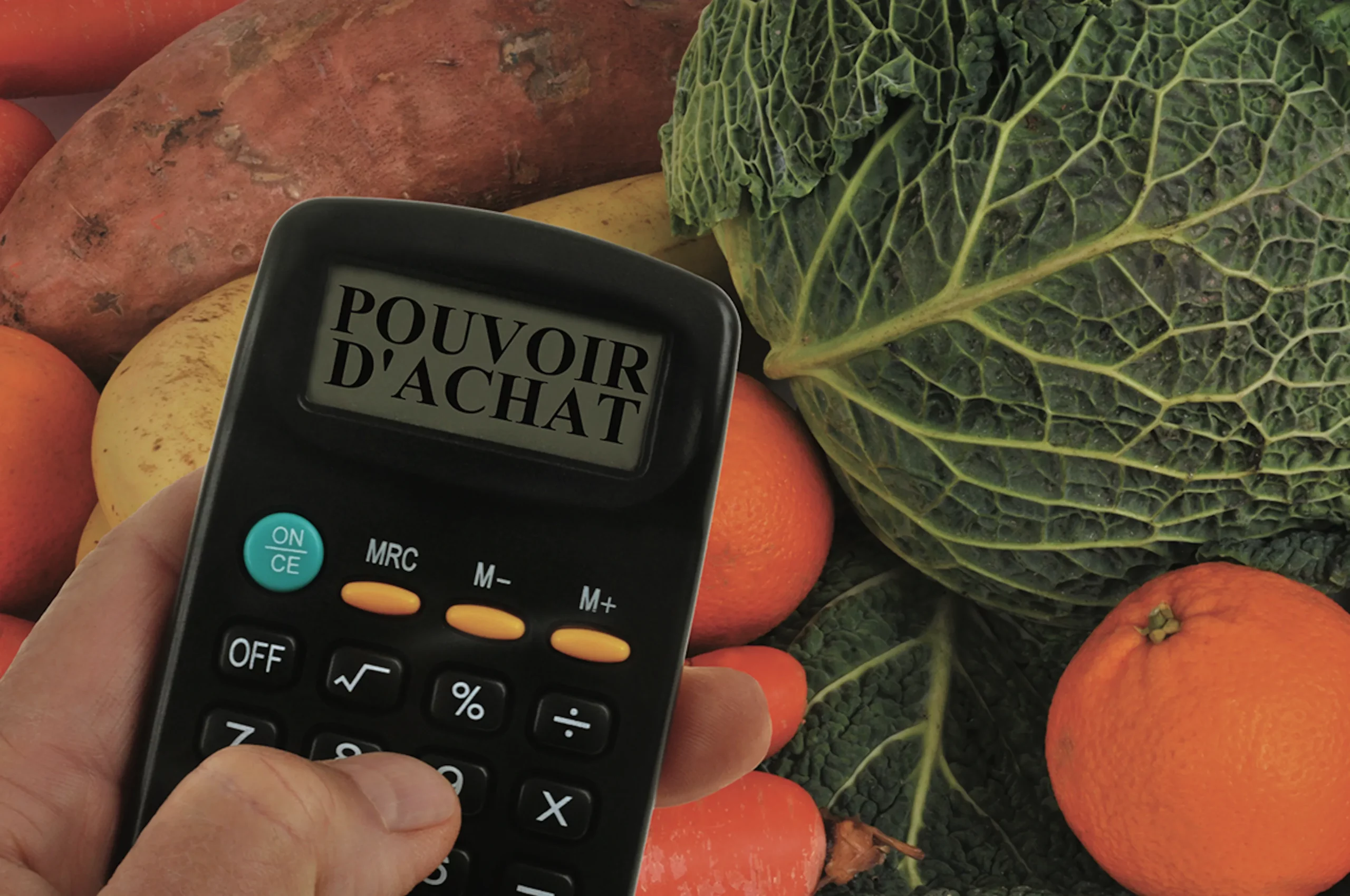 a person holding a calculator next to a pile of vegetables