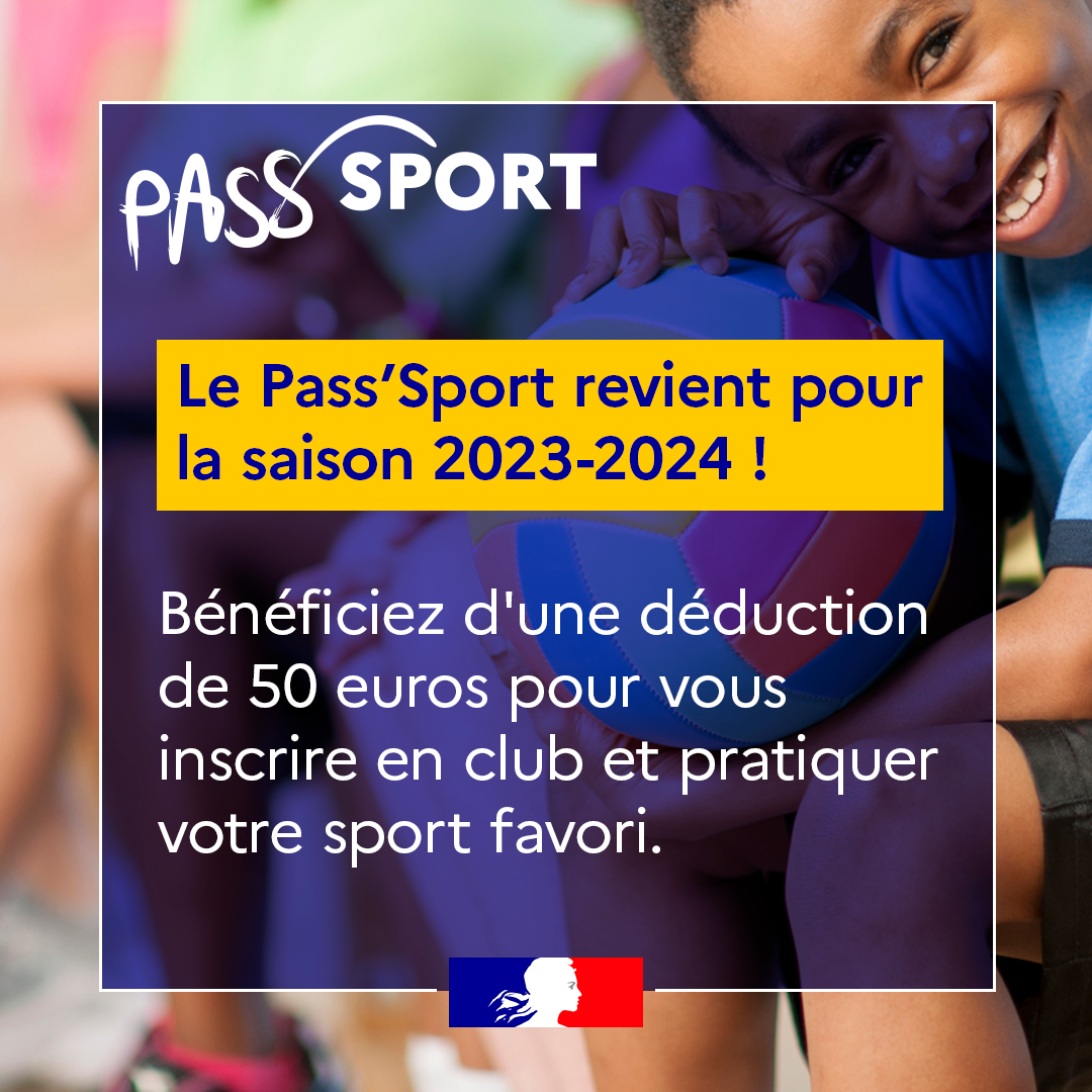 Une affiche promotionnelle annonce le retour du Pass'Sport pour la saison 2023-2024, encourageant l'inscription à des clubs sportifs avec une aide financière.