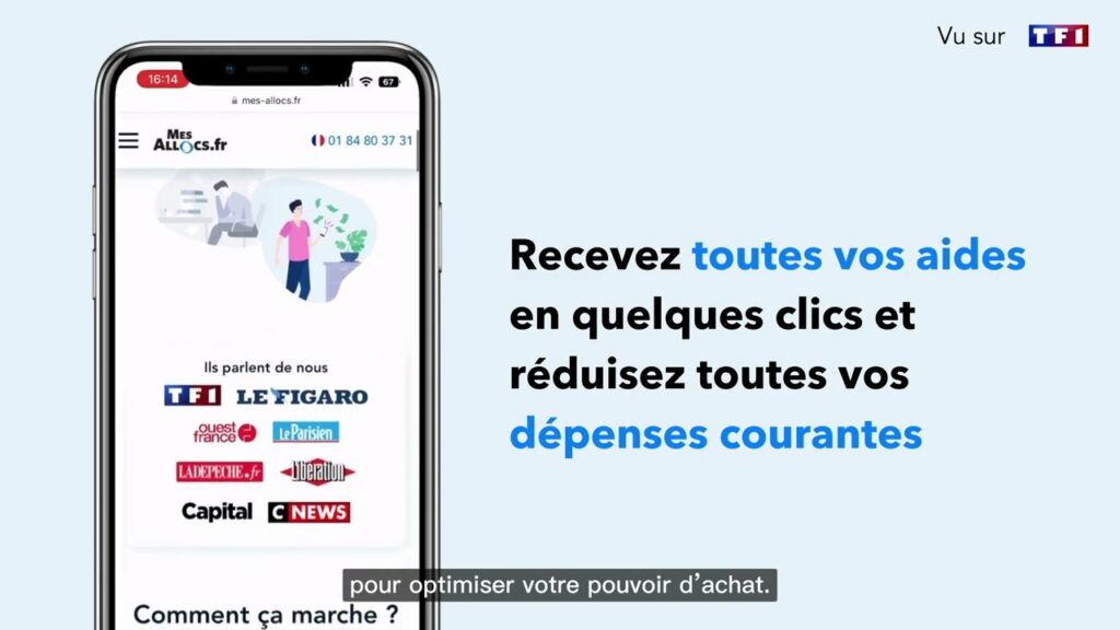 Un smartphone affiche une application pour optimiser les dépenses, entouré de logos de médias français et d'un slogan.