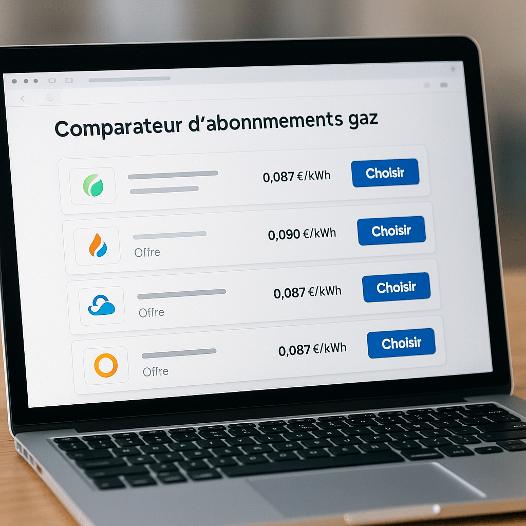 Un écran d’ordinateur ou de smartphone affichant une page de résultats d’un comparateur d’énergie, avec plusieurs offres gaz alignées, logos, prix au kWh et bouton "Choisir".
💡 But : montrer que comparer, c’est simple, rapide et visuel.