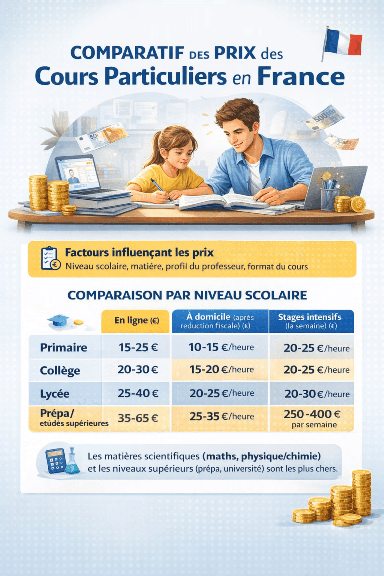 Comparatif des prix des cours particuliers en France (par niveau et matière)
